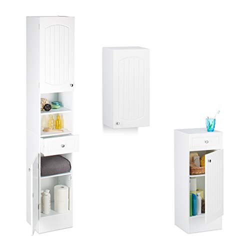 Relaxdays 3 TLG. Badschrank Set, Badezimmerschrank Lamellen Design, Badhängeschrank weiß, Badschränkchen hängend, Badregal MDF