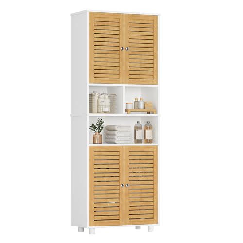 FORABAMB Badezimmerschrank hoch, 3 offenen Fächern verstellbaren Ablagen, 4 Bambustüren, Bad für Wohnzimmer, Küche Bad, 60 x 30 x 170 cm