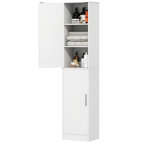 HOMCOM Badezimmerschrank hoch Badschrank Hochschrank schmal mit 2 Türen, Verstellbare Regale für Badezimmer, Wohnzimmer 40 x 35 x 180 cm Weiß