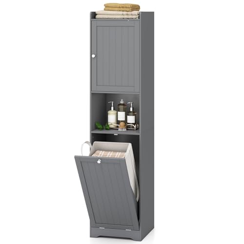LIFEZEAL Badezimmerschrank, Hochschrank mit Wäschekorb & Regal, Schmaler Badschrank mit verstellbaren Ablagen, Mehrzweckschrank Aufbewahrungsschrank für Badezimmer, Wohnzimmer, Schlafzimmer (Grau)