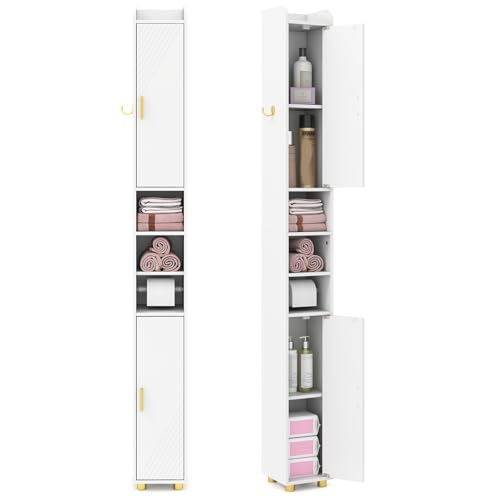 COSTWAY Badschrank Hochschrank schmal, Badezimmerschrank mit Toilettenpapierhalter, Seitenhaken & verstellbaren Ablagen, Aufbewahrungsschrank für Badezimmer & Küche, 20 x 20 x 179 cm (Weiß)