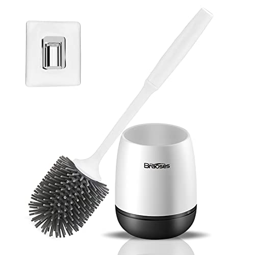 Braoses Bürste mit Halter Silikon Toilettenbürste Langer Stiel klobürste schnell trocknendem Haltersatz für oder Gäste Wandmontage & Stehen (Weiß & Schwarz)