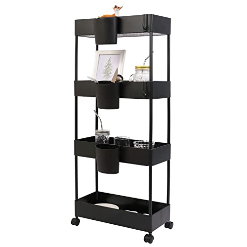OVAKIA Schlanke Küchenwagen mit 4 Ebenen Badrollwagen platzsparendes Regal Aufbewahrungswagen mit Aufbewahrungsbecher und Haken für kleinen Räumen in Bad Küche Büro (Schwarz)