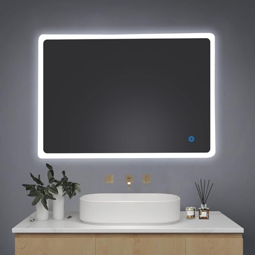 Youyijia LED Badspiegel mit Beleuchtung, 50x70cm Wandspiegel Badezimmerspiegel mit Touch-Schalter Kaltweiß 6000K Energiesparend Lichtspiegel