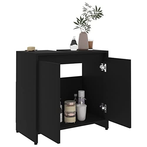 Gecheer Badezimmerschrank Badschrank Badezimmer Waschbeckenunterschrank, Aufbewahrungsschrank Schrank Waschtisch Unterschrank Badmöbel,mit 1 Fach und 2 Türen, Schwarz 60x33x61 cm Spanplatte