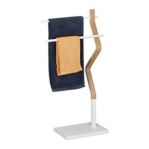 Relaxdays Handtuchhalter stehend, Handtuchständer mit 2 Stangen, für Hand-& Geschirrtücher, Holz & Metall, weiß/Natur, 1 Stück
