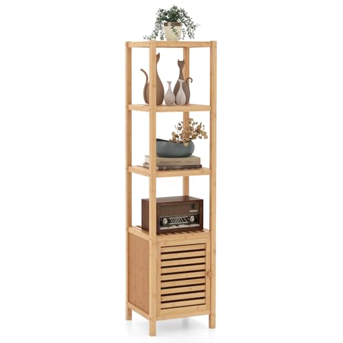 COSTWAY 140cm Badregal Bambus, Standregal mit 5 Ebenen Regalen und Lamellentür, Freistehendes Regal Aufbewahrungsorganisator für Flur, Wohnzimmer, Badzimmer, Küche 34 x 33 x 140 cm