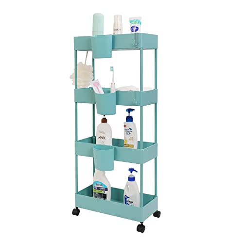 OVAKIA Schlanke Küchenwagen mit 4 Ebenen Badrollwagen platzsparendes Regal Aufbewahrungswagen mit Aufbewahrungsbecher und Haken für kleinen Räumen in Bad Küche Büro (Blaugrün)