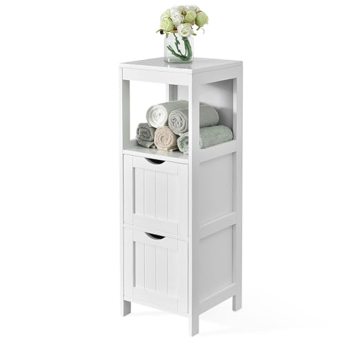 COSTWAY Badezimmerschrank schmal, freistehender Badschrank mit 2 herausnehmbaren Schubladen, offenen Regal & Kippersicherung, Aufbewahrungsschrank aus Holz für Badezimmer, 30 x 30 x 90 cm (Weiß)