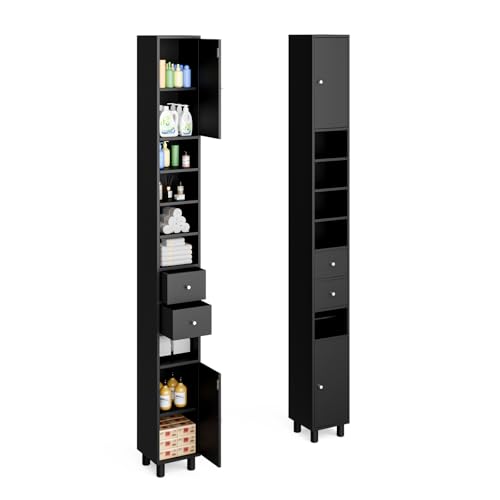 Rebonique 180cm Badezimmerschrank,Badschr ank schmal mit 2 Türen&2 Schubladen&verstellbaren Ablagen,Hochschrank Badezimmer mit Toilettenpapierhalter,Pla tzsparendes Badregal Badmöbel (Schwarz)