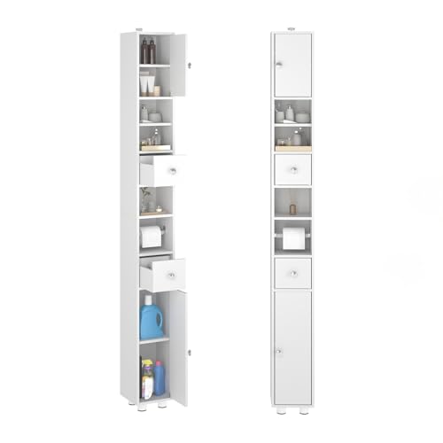 GOKHOMX Badezimmerschrank Schmal Hoch, Badschrank Schmal Hochschrank Badezimmer mit 2 Türen 2 Schublade verstellbaren Ablagen und offenes Fach, platzsparender Badmöbel, 20x20x180?cm, Weiß