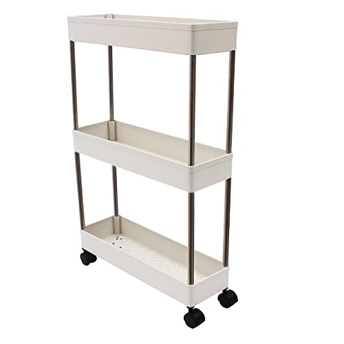 LOIRIIC 3er Nischenregal Küchenregal Schrank Schieberegal Schmaler Rollwagen Rollregal Kunststoff Nischenwagen Küche Badrollwagen Badregal Weiß