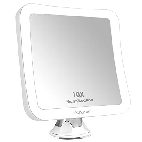Auxmir Kosmetikspiegel LED Beleuchtung 10X Vergrößerung Starkem Saugnapf, Tageslicht LED und 2 Helligkeitsstufen, 360° Schwenkbar Tischspiegel Kräftig Vergrößerungsspiegel Badspiegel für Reise