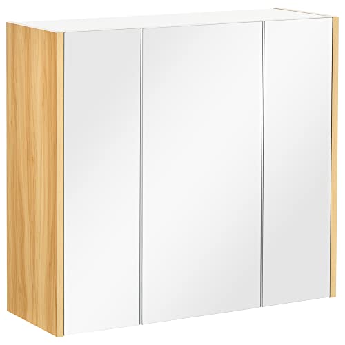 kleankin Spiegelschrank, Badspiegelschrank mit 3 Regalen, 3-Türiger Badschrank, Wandschrank mit Spiegel, Hängeschrank für Badezimmer, Schlafzimmer, Weiß, 68 x 22 x 60 cm