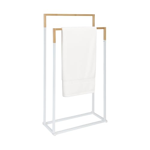 Relaxdays Handtuchständer, HxBxT: 84,5 x 45 x 21 cm, Metall, Bambus, 2 Stangen, stehender Handtuchhalter, weiß/Natur