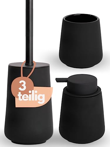 Black Sweden Home® Badezimmer Set Schwarz - aus Keramik - Seifenspender, Zahnputzbecher, Toilettenbürste - schwarz matt - gummiert - 3-teiliges Set
