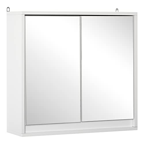 HOMCOM Spiegelschrank Badezimmerschrank Badschrank Hängeschrank Badmöbel mit 2 Ablagen Wandschrank Holz Weiß 48 x 14,5 x 45 cm