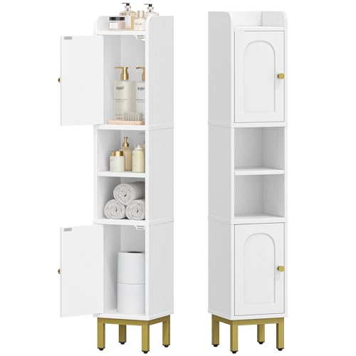 Hzuaneri Badezimmerschrank, Badschrank Schmal mit 2 Türen und offenen Regalen, Schmales Badregal, Verstellbare Ablagen, 20 x 20 x 108,5 cm, Badezimmer Hochschrank, Aufbewahrungsschrank, Weiß BC22413G