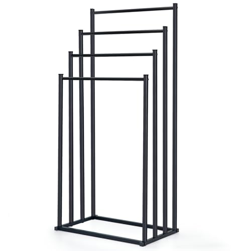 OWLKELA Handtuchhalter Stehend Schwarz, mit 4-Stangen-Handtuchstände r aus Metall, Lackierter und Stanzfreier Handtuchständer Freistehend, Geeignet für Badezimmer, Schlafzimmer, Balkon, Wohnzimmer