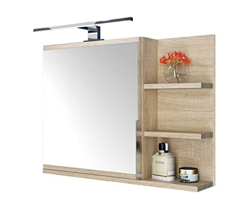 DOMTECH Badezimmer Spiegelschrank mit Ablagen und LED Beleuchtung, Badezimmerspiegel, Eiche Sonoma Spiegelschrank, R