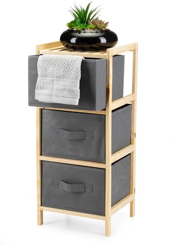 HowHomely | Holzregal Kiefer mit 3 Stoffschubladen – Aufbewahrungsregal schmal, Kommode für Flur, Bad, Schlafzimmer, Beistellschrank 27,5x25,4x65 cm