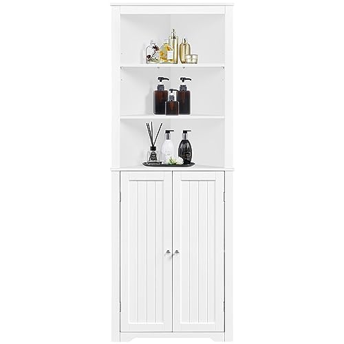 Yaheetech Badezimmerschrank Eckschrank Hochschrank mit verstellbaren Fächer und 2 Türen Dreieckiger Badkommode Eckregal Standregal mit viel Stauraum Weiß, 163 cm Höhe