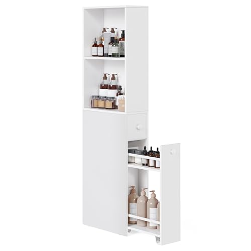 VASAGLE Badezimmschrank hoch, Hochschrank, Badschrank schmal, freistehend, mit Schubladen und höhenverstellbarer Ablage, für kleine Räume, modern, klassikweiß BBK567T14