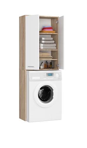 BDW - Waschmaschinenschrank, Regal, Hochschrank - Badezimmermöbel, Mehrzweckschrank - 2 Türen - Aufbewahrungsschrank, Hochschrank 180 cm - Waschraum, Waschküche - Eiche Sonoma/Weiss