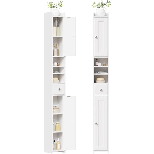 BEWISHOME Badschrank schmal hoch, Badezimmer, Badschrank mit 2 Türen, 1 Schublade verstellbaren Regalen,für Badezimmer, Wohnzimmer, Küche, 20 x 20 x 180 cm (Weiß) EYYG07W