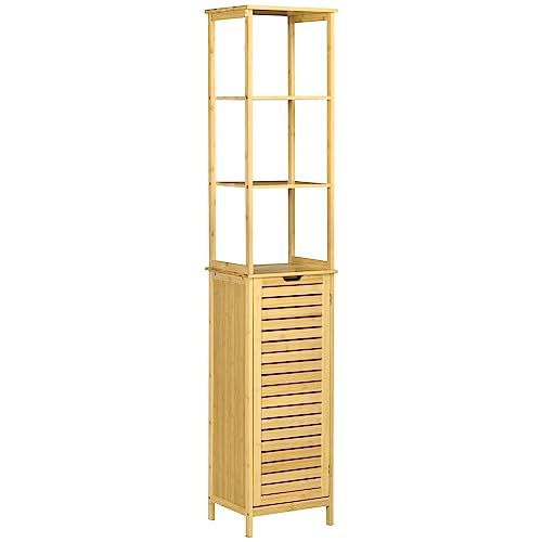 kleankin Badezimmerschrank Badschrank hoch Hochschrank mit 3 offenen Fächer und 1 Schrank, Bambus Aufbewahrungsschrank Schrank für Badezimmer, Wohnzimmer 34 x 30 x 173 cm Natur