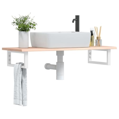 Qnhdfrt Waschtischplatte mit Stahlhalterung Massivholz Eiche Weiß 100x40x2 cm Hängendes Badregal Robust Langlebig Platzsparend für Badezimmer WC und Flur als Schmaler Badezimmerschrank