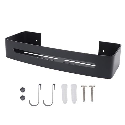 Wandmontiertes Badezimmerregal, Space-Aluminium-Duschrega l mit Haken, einlagiges schwebendes Badregal, weiße Aufbewahrungslösung (Black)