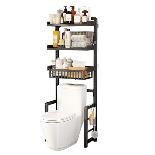 HOLGVE Toilettenregal, 3-stufiger Verstellbarer Badezimmerregal, Freistehende Waschmaschinenregal, Badregal mit Korb und Haken, Toilettenschrank(Nero)