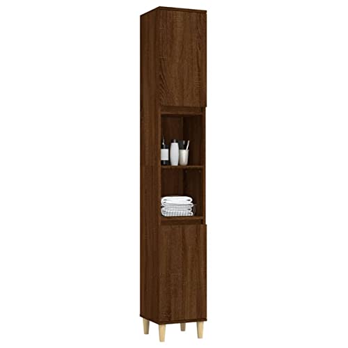 Tidyard Badezimmerschrank Hochschrank mit 6 Fächer und 2 Türen Badschrank Badregal Badmöbel Schrank Badezimmer Regal Holzwerkstoff Braun Eichen-Optik 30x30x190 cm
