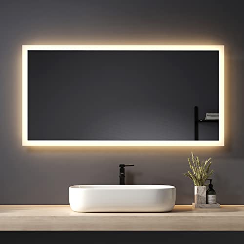 Heilmetz Badspiegel mit Beleuchtung 120x60cm, Badezimmerspiegel mit 3000K Warmweißes Licht und 6500K Kaltesweißes Licht, Badspiegel Wandspiegel Vertikal/Horizontal Montage