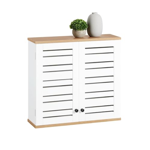 SoBuy Hängeschrank für Badezimmer – Kompakter Badezimmerschrank – Wandschrank mit Lamellentüren und verstellbaren Ablagen aus Holz, für Küche und Flur – Medizinschrank, Weiß, 60x56x19cm, BZR42-W