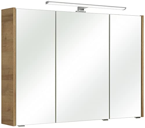 Pelipal Badezimmer-Spiegelschrank Quickset 362 in Riviera Eiche Quer Nachbildung inkl. LED-Beleuchtung, 100 cm breit | Spiegelschrank mit 3 Türen und 6 Einlegeböden