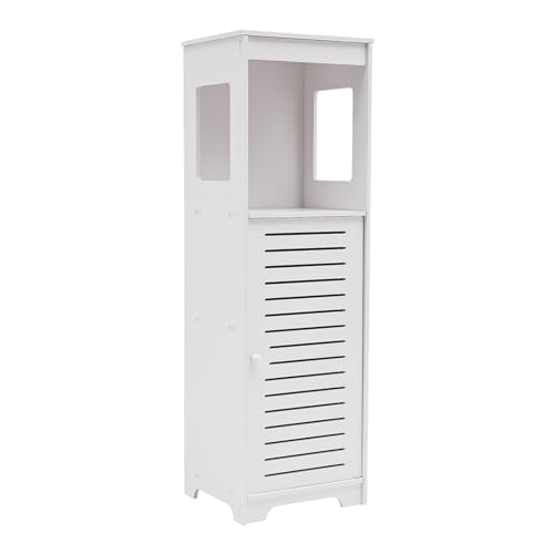 awolsrgiop Badezimmerschrank aus PVC, Toilettenschrank, 4 Ebenen Aufbewahrungsschrank mit Tür, 28x25x90cm Schmales Badregal, Beistellschrank, für Kleine Badezimmer & Toiletten, Weiß