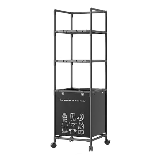 3-stufiges Badregal mit Wäschekorb, Edelstahl Aufbewahrungsregal mit Rollen, weiß, 130x42cm, wasserfest & platzsparend