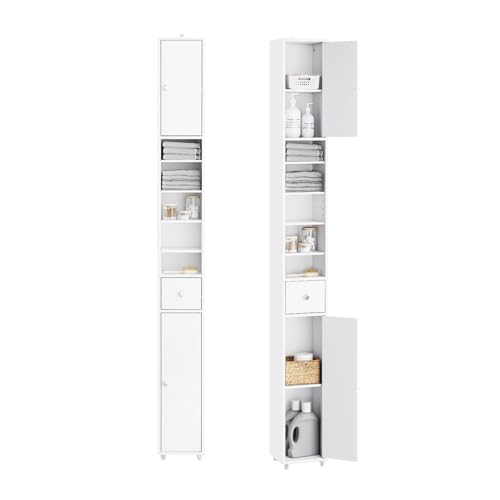 SoBuy Badzimmerschrank Schmal - Badezimmer Hochschrank Wasserabweisender aus Holz mit verstellbaren Einlegeböden - Mehrzweck Badschrank - platzsparendes Badmöbel, Weiß, 20x180x20cm, BZR34-II-W