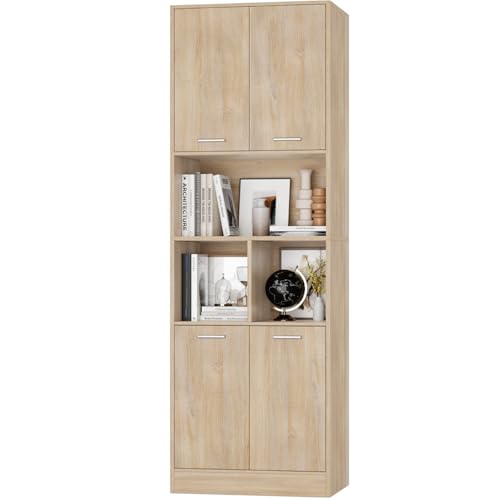 FirFurd hoch Badezimmerschrank Badschrank Hochschrank für Badezimmer Arbeitszimmer Mehrzweckschrank Küchenschrank mit 4 Türen und Badregal Holz 180,5 x 60 x 40 cm (Eiche)