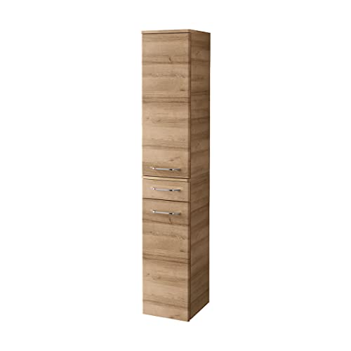 FACKELMANN Milano Hochschrank mit 2 Türen und 1 Schublade – Schrank fürs Badezimmer (30,5 cm x 165,5 cm x 32 cm) – Badschrank schmal in Holz braun