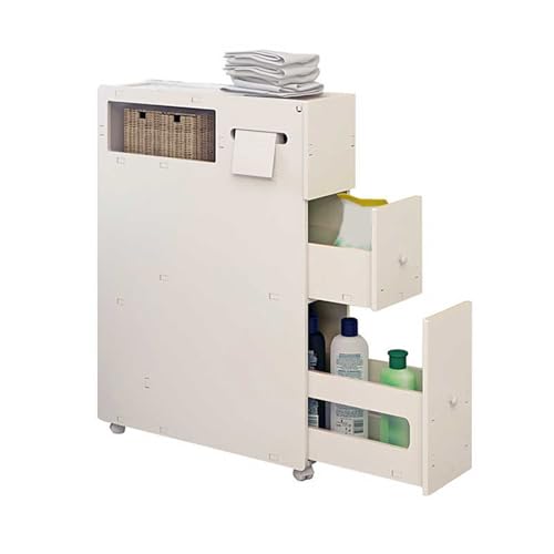 HARELA Badezimmerschrank schmal Badschrank Hochschrank mit Schubladen, Geringer Platzbedarf Badregal Mit Taschentuchhalter Freistehende für kleine Räume, einfache Montage
