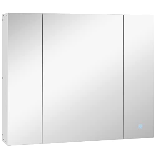 kleankin Badezimmer Spiegelschrank mit LED Beleuchtung Hängeschrank Badschrank 12 W mit 9 Regalen Memory-Funktion Touch-Schalter Weiß 90 x 15 x 75cm
