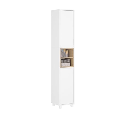 SoBuy Badezimmerschrank Badschrank Hoch & Schmal mit 2 Türen und offenen Fächern – Weiß Hochschrank Badezimmer aus MDF/PB mit verstellbaren Einlegeböden 30x170x30cm BZR147-W