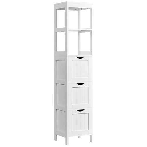 Yaheetech Badschrank, Hochschrank Badkommode, Aufbewahrungsschrank mit 3 Schubladen, 142 cm Hoch Badregal, für Badezimmer, Wohnzimmer, Esszimmer, Weiß