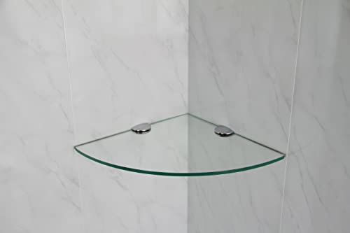 BSM Marketing Eckregal aus gehärtetem Glas, 250 mm, 6 mm dick, für Badezimmer, Schlafzimmer, Küche, mit großen Chromstützen (transparent)