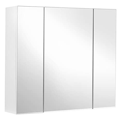 VASAGLE Spiegelschrank, Badezimmerschrank, Aufbewahrungsschrank mit 3 Türen, 60 x 15 x 55 cm, mit verstellbaren Regalebene n, modern, weiß BBK22WT