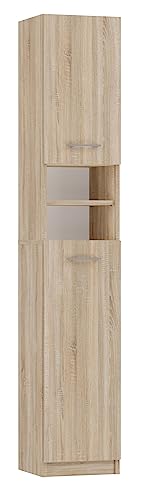 CDF Bad-Hochschrank Marbela | Farbe: Eiche Sonoma | Modernes Badregal | Ablagefläche | Geräumige Einlegeböden | Türen | Einfache Montage | Universal | Stilvolle Griffe