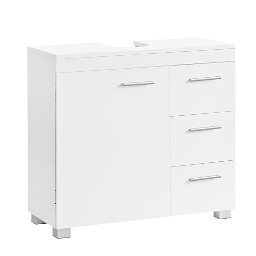 VASAGLE Waschbeckenunterschrank, Badezimmerschrank, 3 große Schubladen, 30 x 70 x 64 cm, Badschrank, 2 Fächer hinter der Tür, Badezimmer Unterschrank Füßen, wolkenweiß BBK503W10